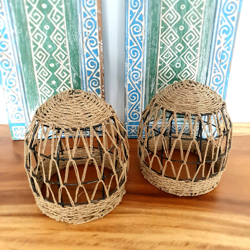 Handmade Pair of Rattan Pendant Lamp Shades