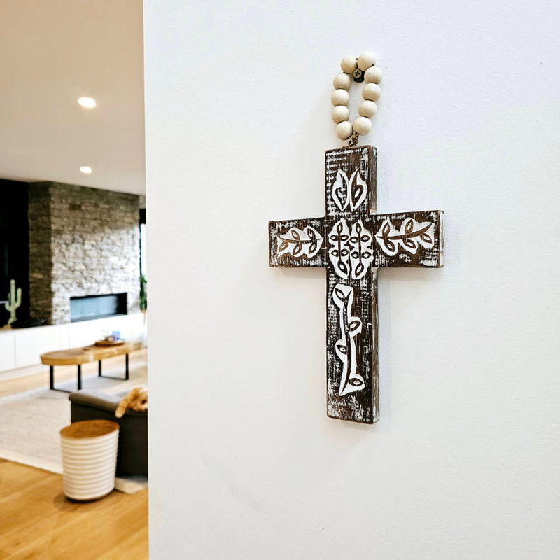 CROSS on wooden beads – Dark wood