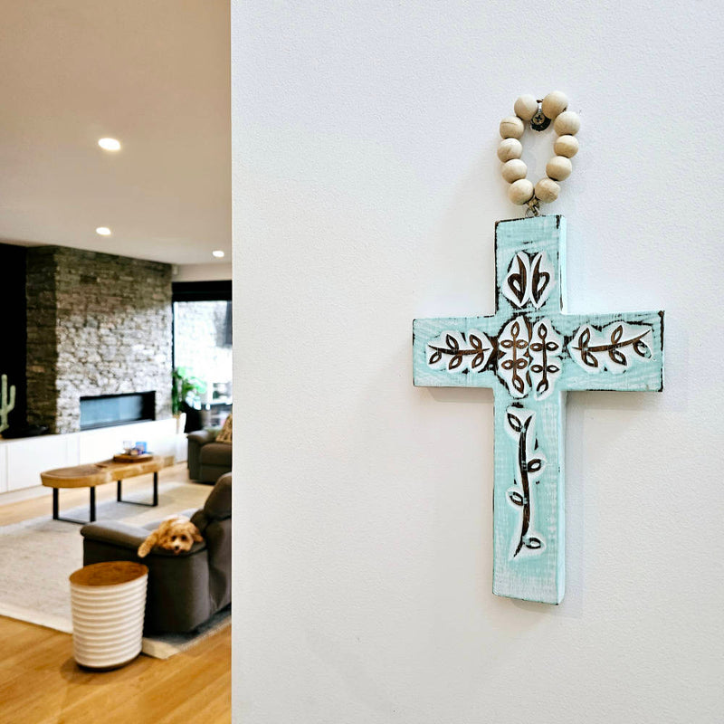 CROSS on wooden beads – Turquoise