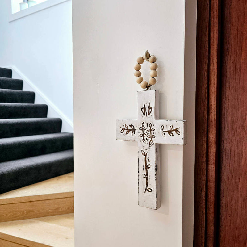 CROSS on wooden beads – White