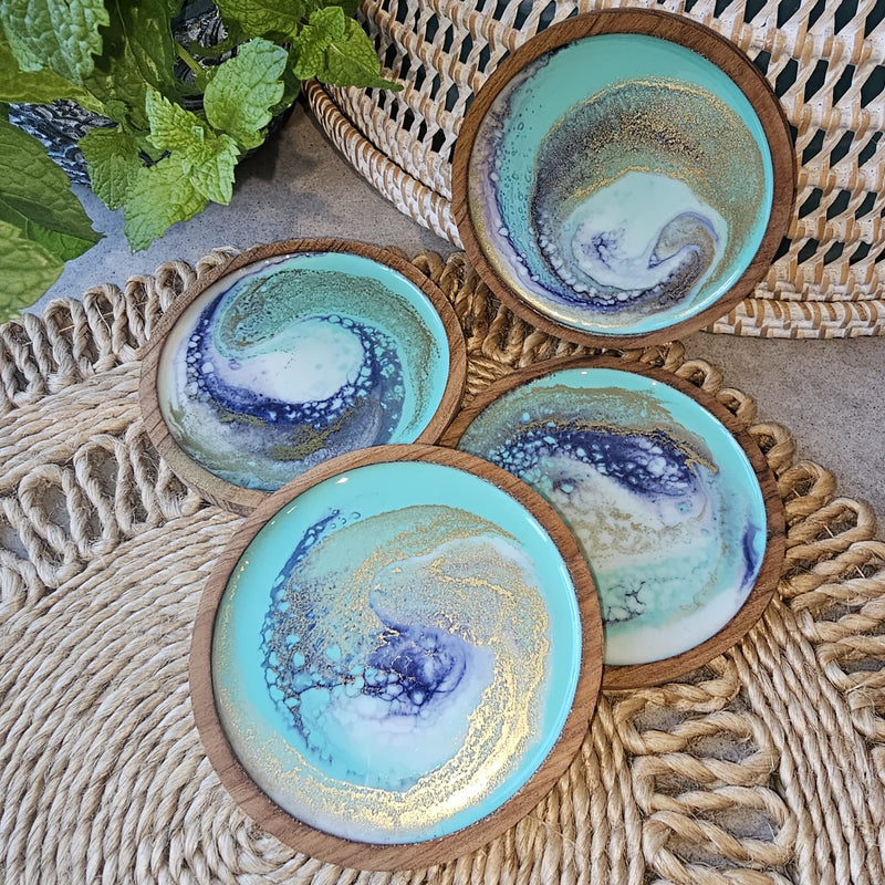Teak round Coasters - Colour “Tiffanys”