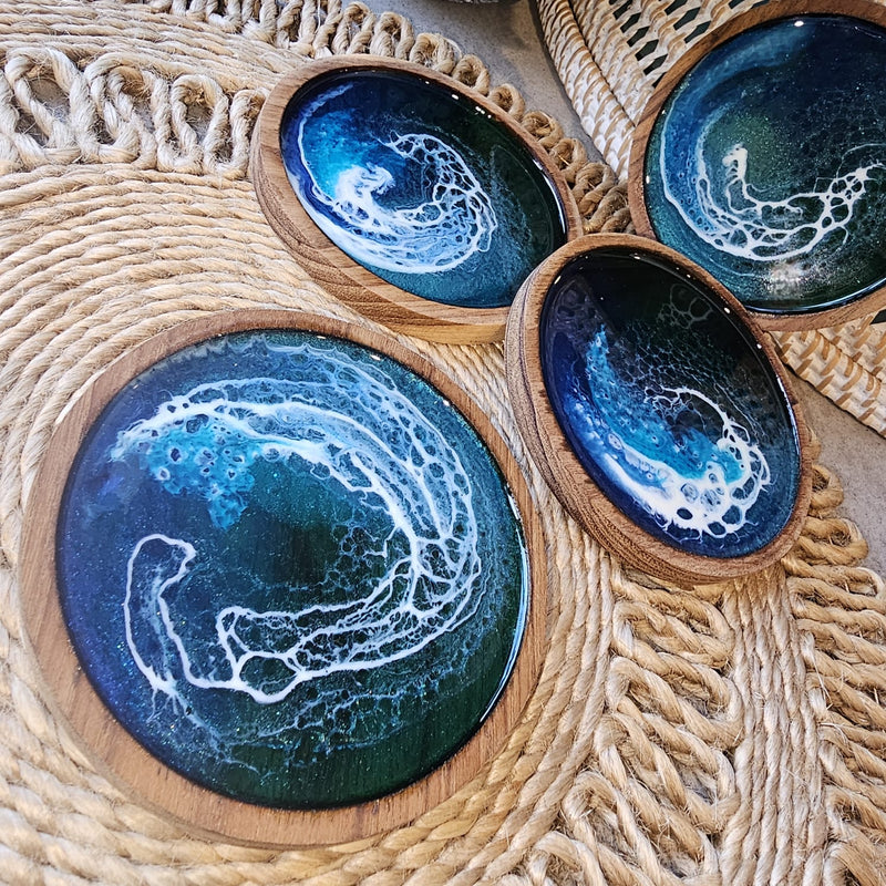 Teak round Coasters - Colour “Ocean”