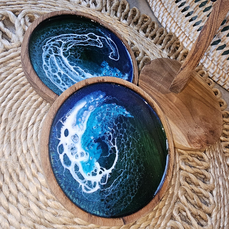 Teak round Coasters - Colour “Ocean”