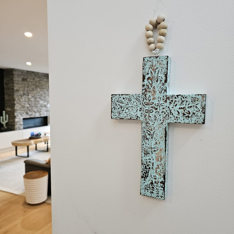 CROSS on wooden beads – Turquoise