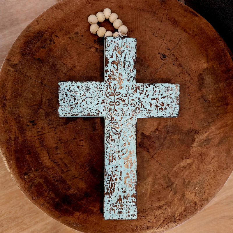 CROSS on wooden beads – Turquoise