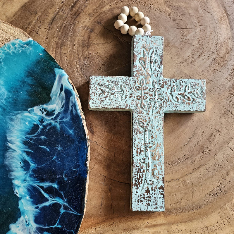 CROSS on wooden beads – Turquoise
