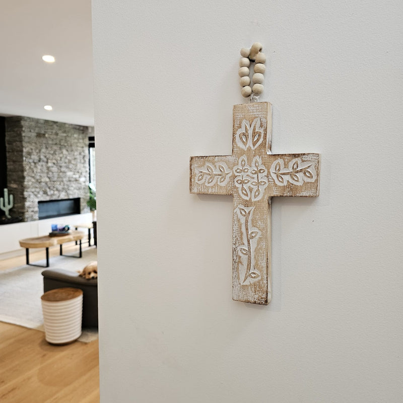 CROSS on wooden beads – Natural