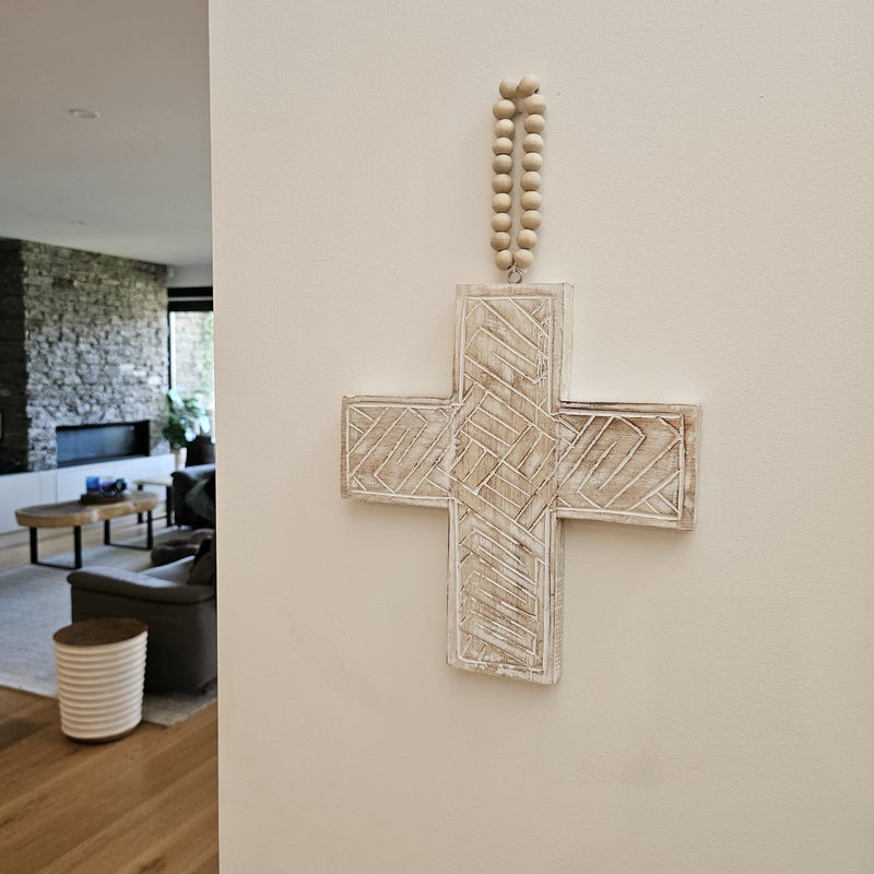 Wooden hanging Cross - White Wash