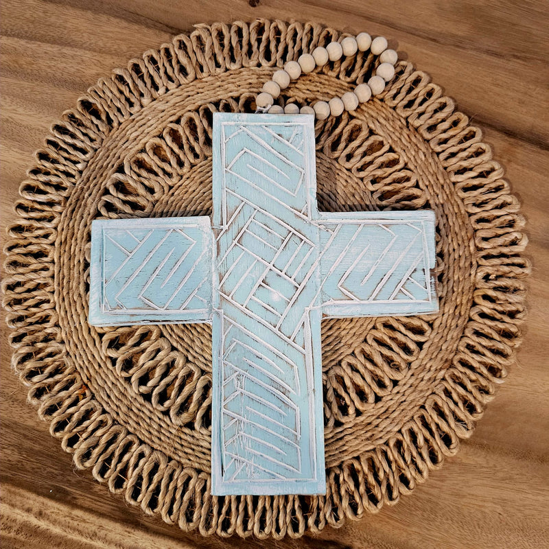 Wooden hanging Cross - Turquoise