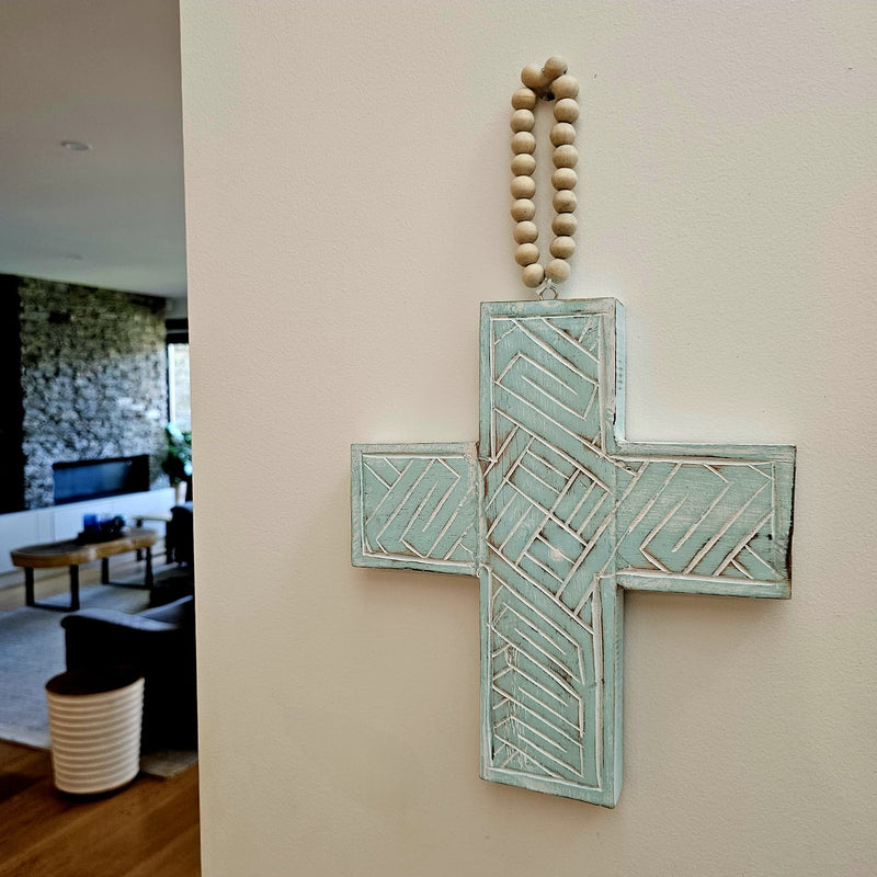 Wooden hanging Cross - Turquoise